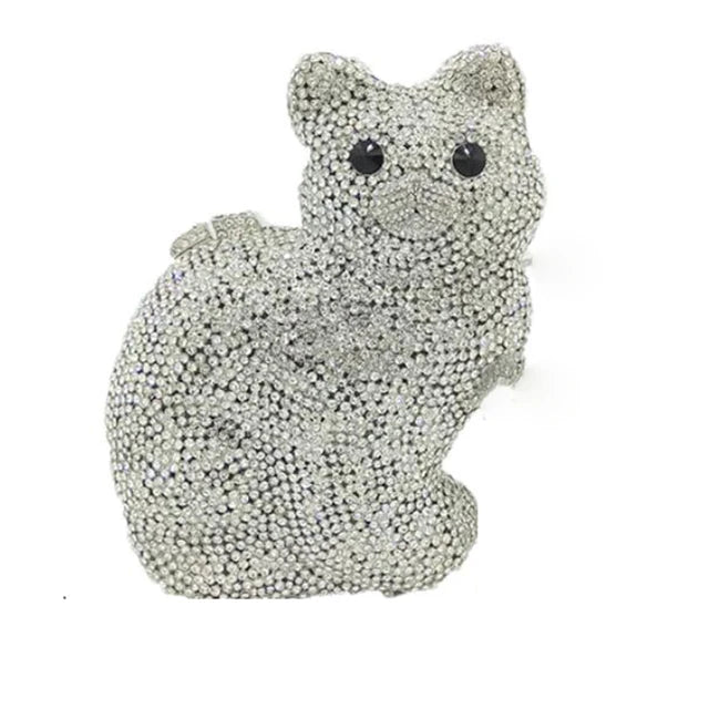 Cat Shape Women Crystal Clutches Bags Evening Purse White Rhinestone Gold Metal Clutch Party Mini Minaudiere Prom Chain Handbags