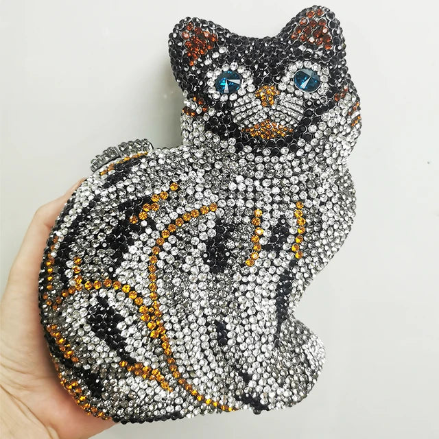Cat Shape Women Crystal Clutches Bags Evening Purse White Rhinestone Gold Metal Clutch Party Mini Minaudiere Prom Chain Handbags