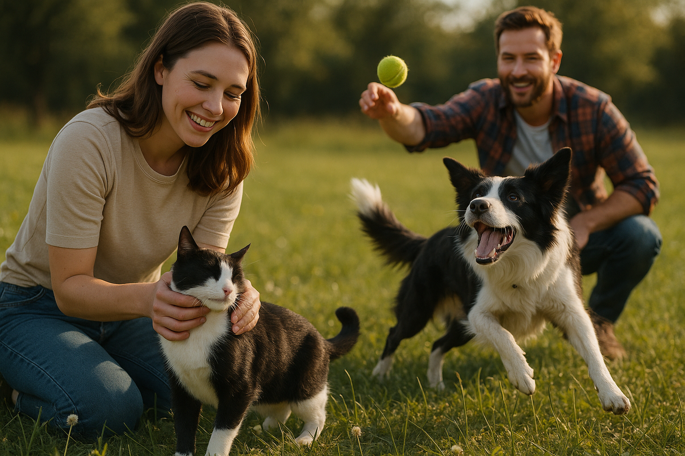 hyper realistic cat and dog playing hapily with thier owners on field